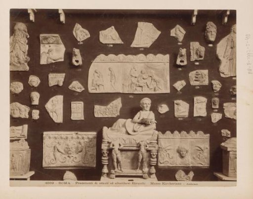 Fragments of Etruscan ornaments and reliefs in the Museo Kircheriano in Rome, Italy