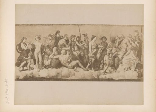 Photographic reproduction of fresco The Council of the Gods by Raphael in the Farnesina in Rome
