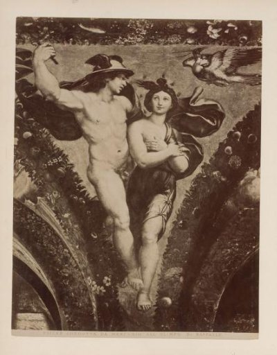 Photographic reproduction of fresco Mercury leads Psyche to Olympus by Raphael in the Farnesina in Rome