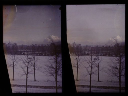 View of a city (Utrecht?), with a park under snow in the foreground