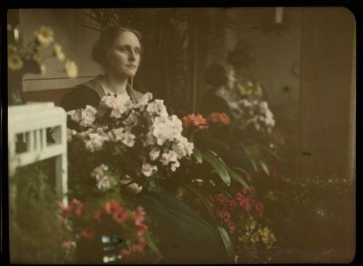 Portrait of Fifi in an interior, surrounded by flowers, with her reflection to the right