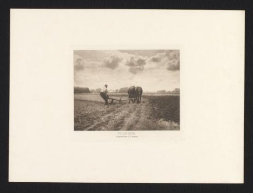 Peasant with horses and plough on a field