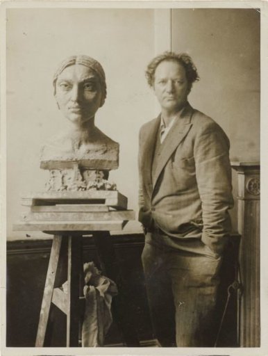Portrait of the American sculptor Jacob Epstein with a bust of Sunita Devi