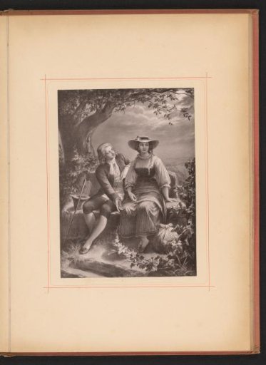 Reproduction of a drawing depicting Hermann and Dorothea on a bench under a tree