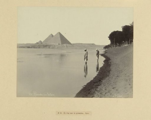 View of the Pyramids of Giza, seen from the bank of the Nile