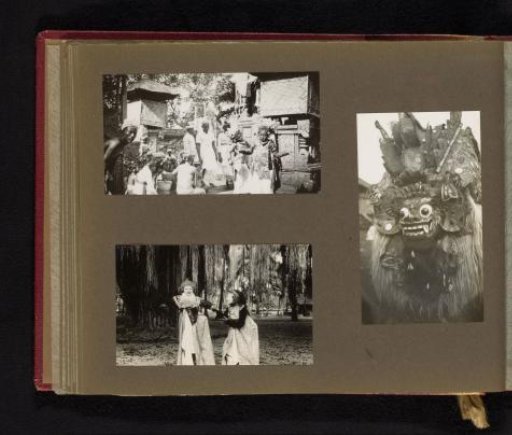 Two views of a traditional dance with masks and Performance of a traditional dance with spectators