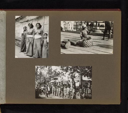 Portrait of three young women and a girl, Old woman selling durians, and Group of people with fans
