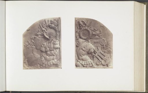 Plaster models for sculptures on the Palais du Louvre: left "Trophée d'armes" by Ambroise Choiselat and right "Trophée d'armes et d'attributs des arts" by Pierre Rouillard