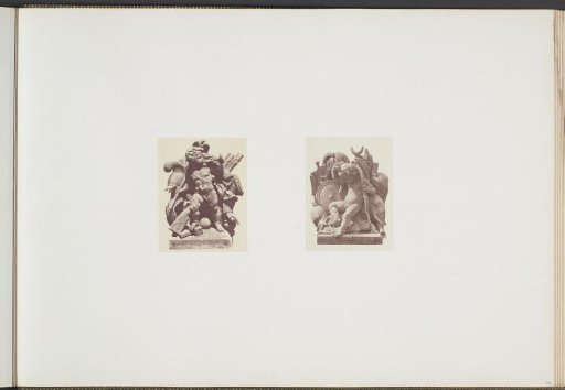 Plaster models for sculptures at the Palais du Louvre: left "Le Guerre" by Democrito Gandolphi and right "L'Asie" by Carl Elshoecht