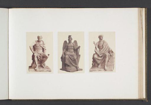 Plaster models for sculptures at the Palais du Louvre: left "La Fermeté" by Pierre-Bernard Prouhaen, center "La Puissance" by Antoine Laurent Dantan and right "La Justice" by Camille Demesnay