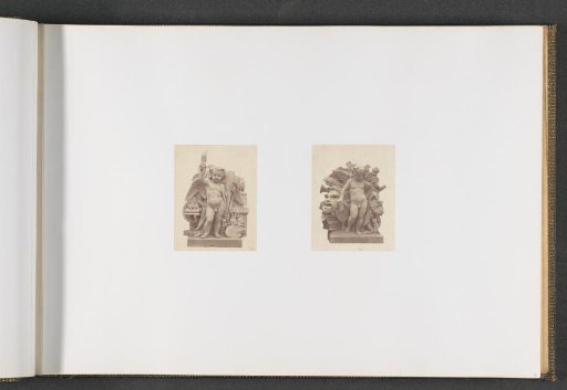 Plaster models for sculptures at the Palais du Louvre: left "La Civilisation" by Célestin Anatole Calmels and right "Le Théâtre" by Charles Capellaro