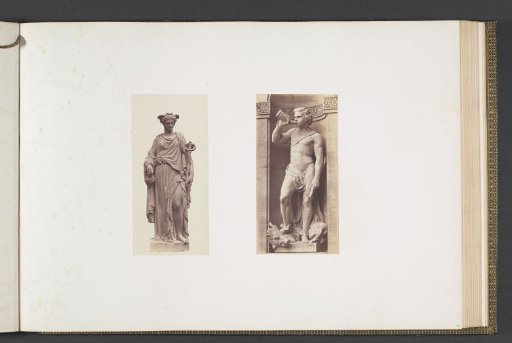 Plaster models for sculptures on the Palais du Louvre: left "Le Commerce" by Gustave Crauk and right "Le Chasseur" by Armand Blanc