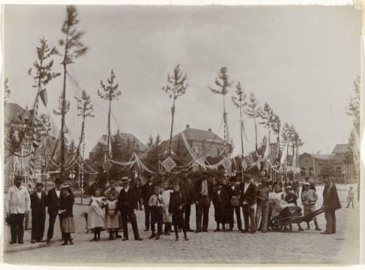 Decorated station square in Roermond for the wedding of Queen Wilhelmina and Prince Hendrik
