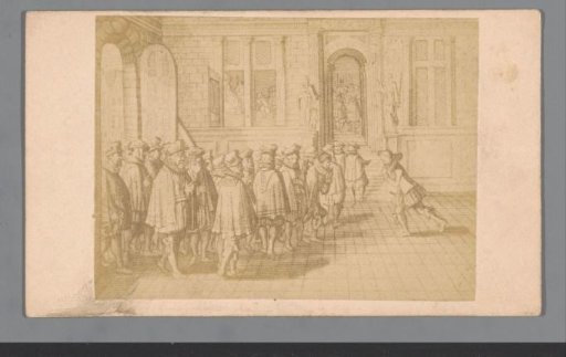 Photographic reproduction of an engraving of the presentation of a petition by Dutch nobles to the Governor-General Margaret of Parma
