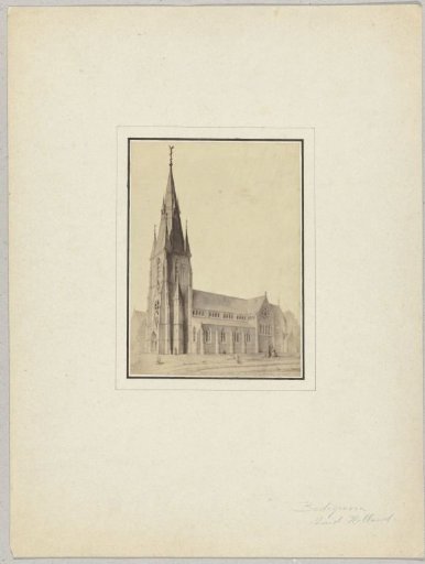 Photographic reproduction of a drawing of the St. Willibrordus Church in Bodegraven