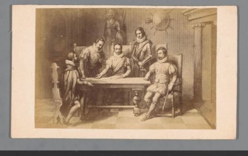 Photographic reproduction of an engraving of the meeting of Orange, Horn, Egmond, Hoogstraten, and Louis of Nassau in Dendermonde on 3 October 1566