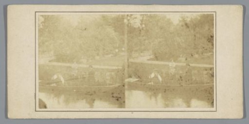 Two men fishing from a boat, a woman watching from the quay