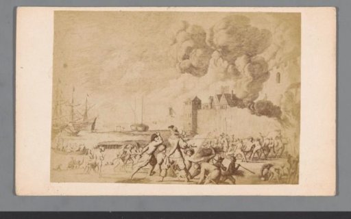 Photographic reproduction of an engraving of the fleet of the Sea Beggars capturing Brielle on 1 April 1572