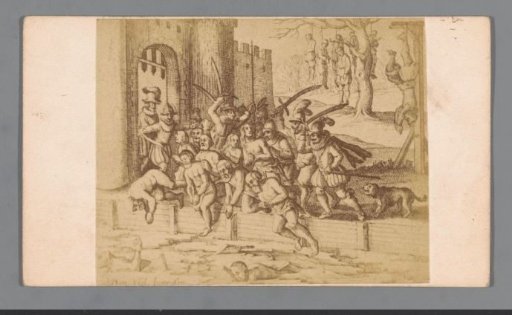 Photographic reproduction of an engraving of the massacre of Zutphen by the Spaniards in 1572