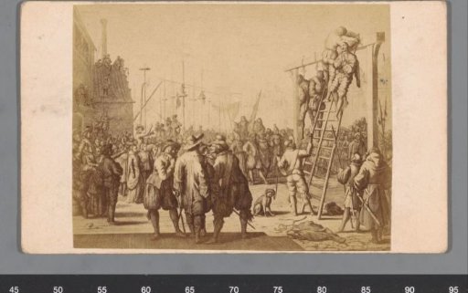 Photographic reproduction of an engraving of the hanging of Don Pedro Pancieco and two other Spaniards by the Sea Beggars in Flushing in 1572