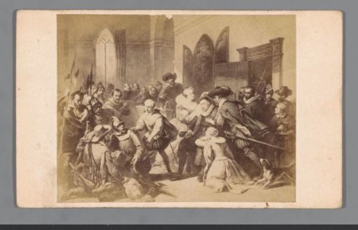 Photographic reproduction of an engraving of the assassination attempt on William I by Jean Jauregui in Antwerp on 17 March 1582