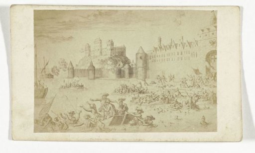 Photographic reproduction of an engraving of the attack by Maarten Schenk on Nijmegen in 1589