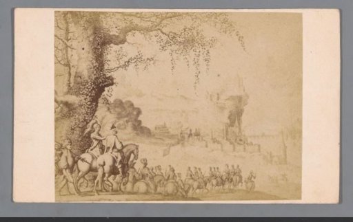 Photographic reproduction of an engraving of the battle for Huy in 1595