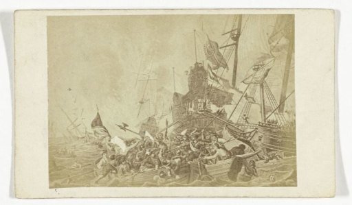 Photographic reproduction of an engraving of the naval battle off Gibraltar on 25 April 1607