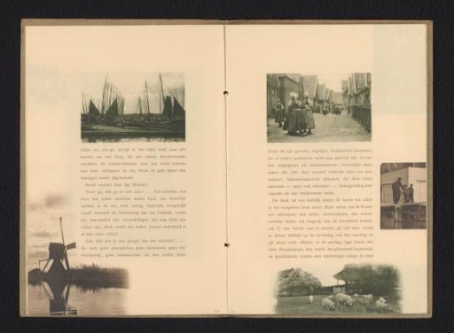 Street in Marken or Volendam, a man and two children by a quay on the right, eight grazing pigs in a meadow below