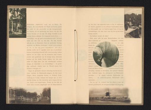 Windmill in Marken, above a ditch with pollarded willows and two girls along a quay
