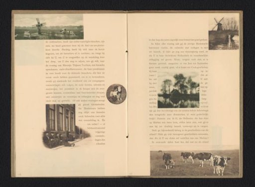Windmill along a waterway, below a house along a waterway and four cows in a meadow
