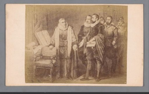 Photographic reproduction of an engraving of Johan van Oldenbarnevelt receiving his sentence on 12 May 1619