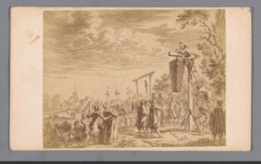 Photographic reproduction of an engraving of the corpse of Gilles van Ledenberg in a coffin hanging from a gallows in 1619