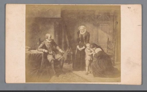 Photographic reproduction of an engraving of the widow of Johan van Oldenbarnevelt with Prince Maurice in 1628