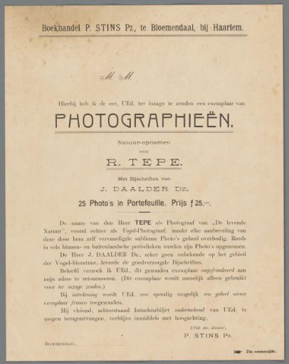 Brochure for 'Photographieën', a publication with text by J. Daalder and 25 photographs by Richard Tepe, including a subscription form