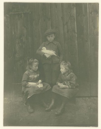 Group portrait of children with ducks and a cat