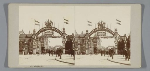 Triumphal Arch on the Leidseplein (viewed towards the Stadsschouwburg), for the inauguration of Queen Wilhelmina, Amsterdam