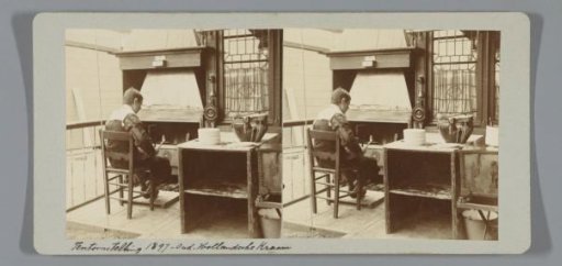 Boy by a fireplace during the Oud-Holland exhibition in 1897, Amsterdam, Netherlands