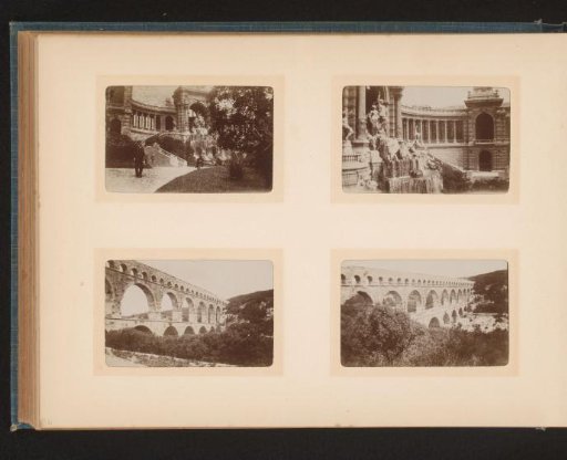 Man by a building, View of a fountain and two views of the Pont du Gard