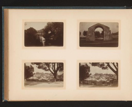 Woman in a landscape in France and three views of ruins