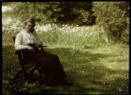 Old woman (dressed in a white blouse and a dark skirt) sitting in a chair on a grassy field