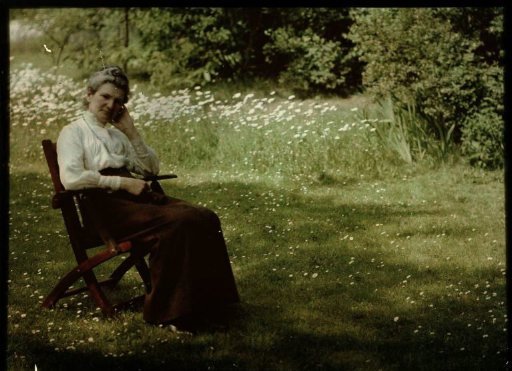 Older woman (dressed in a white blouse and a dark skirt) sitting in a chair on a grassy field