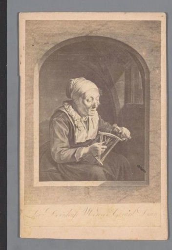 Photographic reproduction of an engraving after a painting of a woman making lace, by Gerard Dou