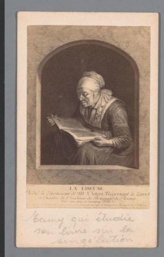 Photographic reproduction of an engraving after a painting of a woman reading, by Gerard Dou