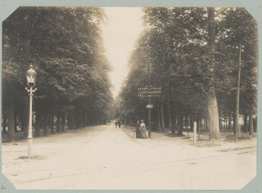 Two women on a tree-lined avenue in the Netherlands, possibly the Maliebaan in Utrecht