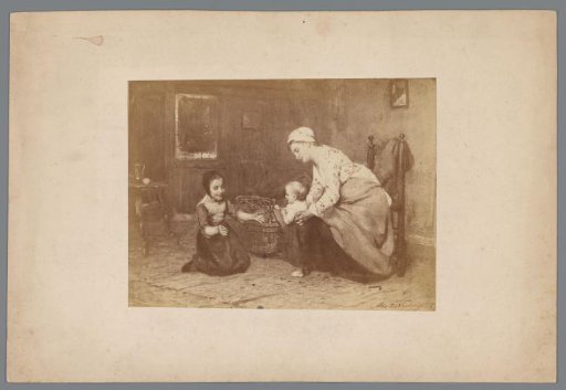 Painting by Albert Neuhuys depicting a woman with two small children in a living room