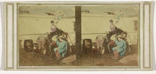 Two Men Sitting Among Belongings, with Two Other Figures Behind Them