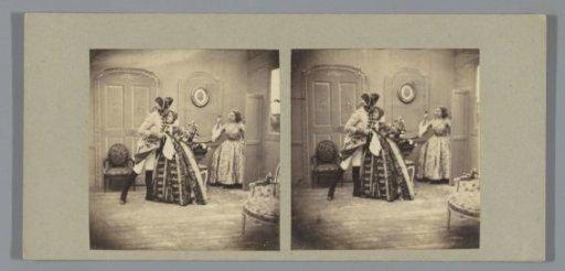 Scene in an Interior with a Romantic Couple in Historical Clothing, a Second Woman Entering the Room