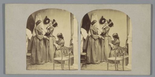 Three Women Pinning Each Other's Dresses