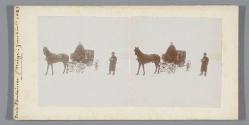 Photographer next to a carriage in a snowy landscape near Trois-Fontaines-l'Abbaye, France